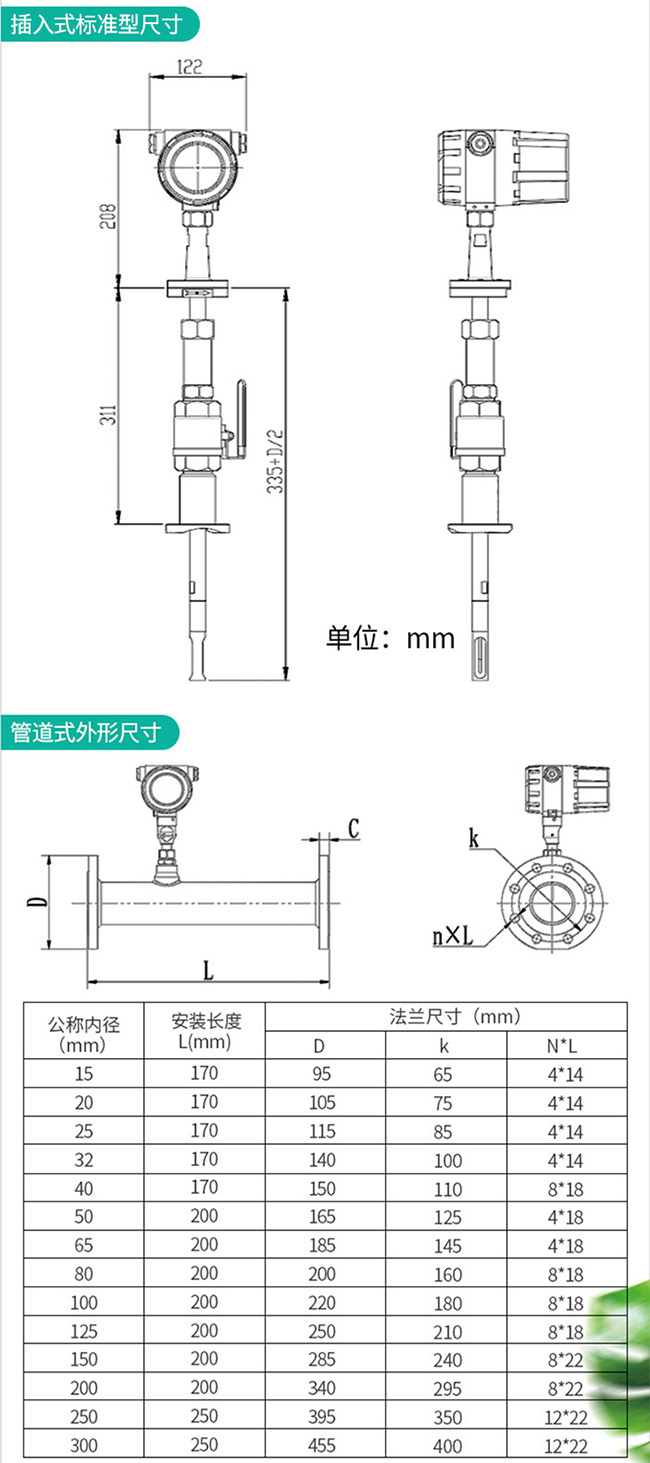 管道式熱式氣體質量流量計外形結構尺寸圖